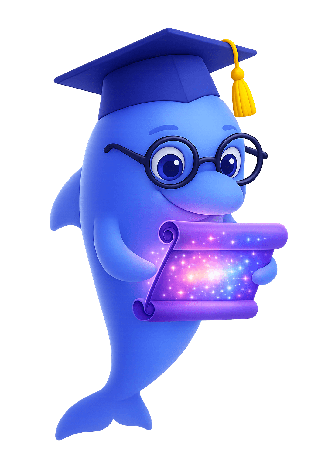 Cheerful dolphin holding a glowing scroll